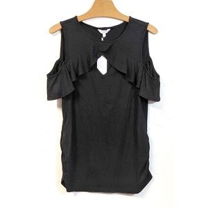 Candie’s Black Ribbed Cold Shoulder Ruffle Top L